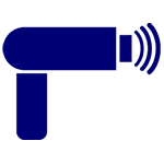 A blue hairdryer with sound waves coming out of it.